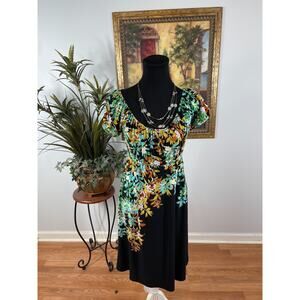 B Calm Dress Women 6 Black Floral Print Pleated Short Sleeve Tropical Vibrant